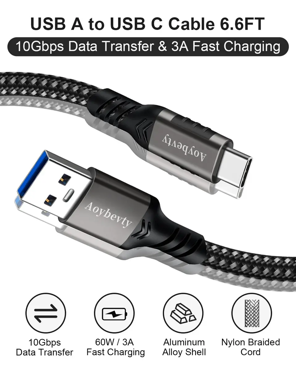 Aoybevty USB-A to USB-C Cable 6.6ft (2m) | 10Gbps Data Transfer & 60W Fast Charging - view 2
