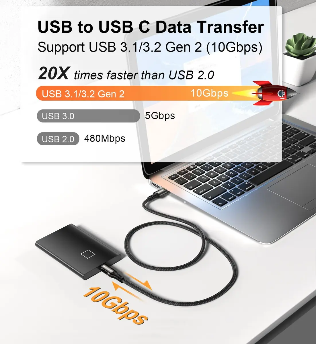 Aoybevty USB-A to USB-C Cable 6.6ft (2m) | 10Gbps Data Transfer & 60W Fast Charging - view 3
