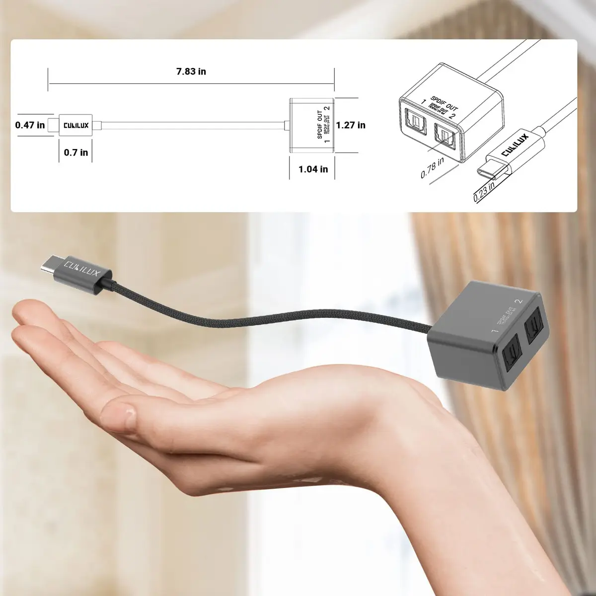 Cubilux USB C to Dual SPDIF Optical Audio Adapter 23cm (8in) | 192KHz/24bit DAC for MacBook, iMac, Laptop - view 5