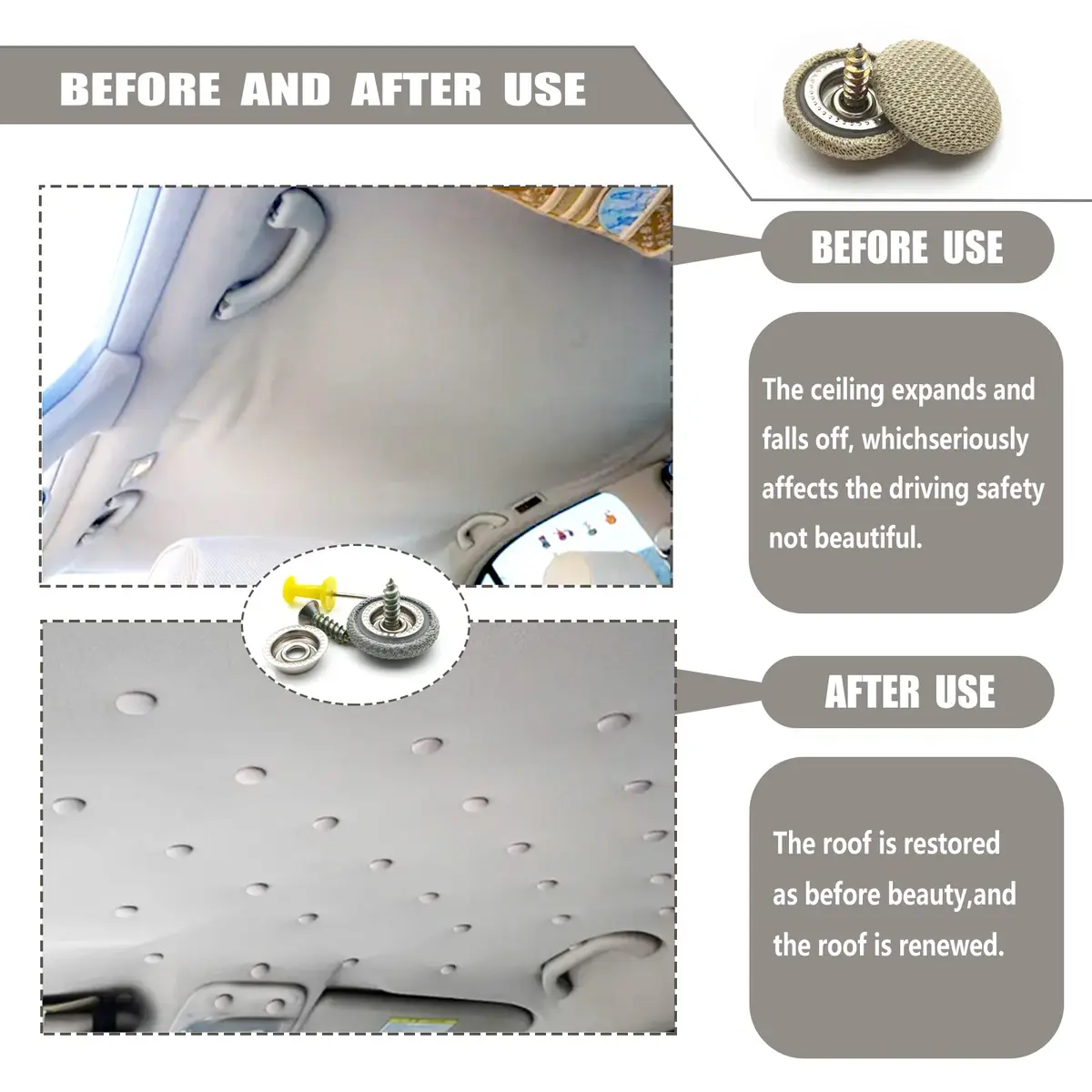 TEMI Car Roof Headliner Repair Kit with Snap Rivets & Installation Tool (60PCS, Beige Grid) - view 5
