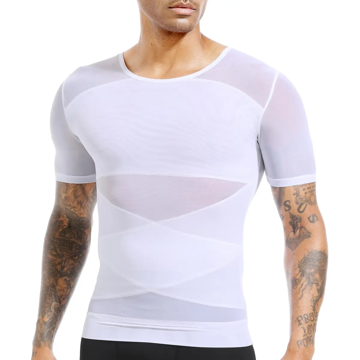 ISUP Mens Gynecomastia Compression Shirt Short Sleeve | Slimming Body Shaper Abdomen Tank White - main product image