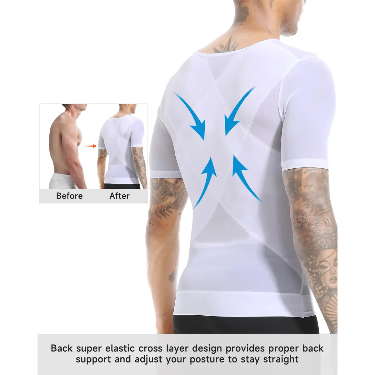 ISUP Mens Gynecomastia Compression Shirt Short Sleeve | Slimming Body Shaper Abdomen Tank White - view 5