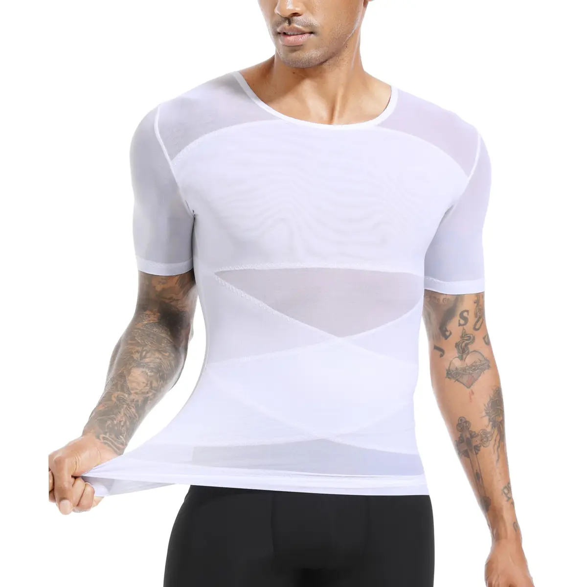 ISUP Mens Gynecomastia Compression Shirt Short Sleeve | Slimming Body Shaper Abdomen Tank White - view 6