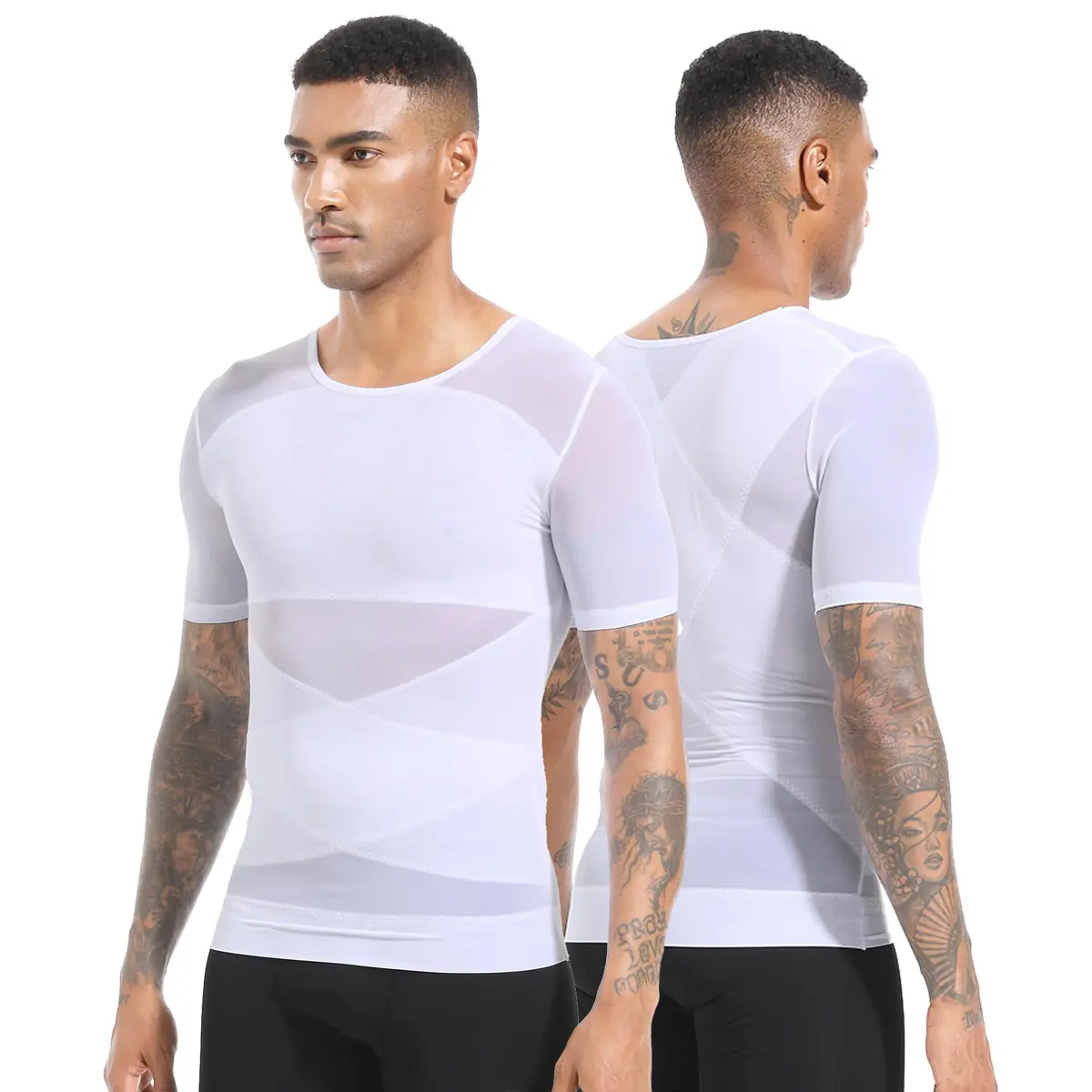 ISUP Mens Gynecomastia Compression Shirt Short Sleeve | Slimming Body Shaper Abdomen Tank White - view 7