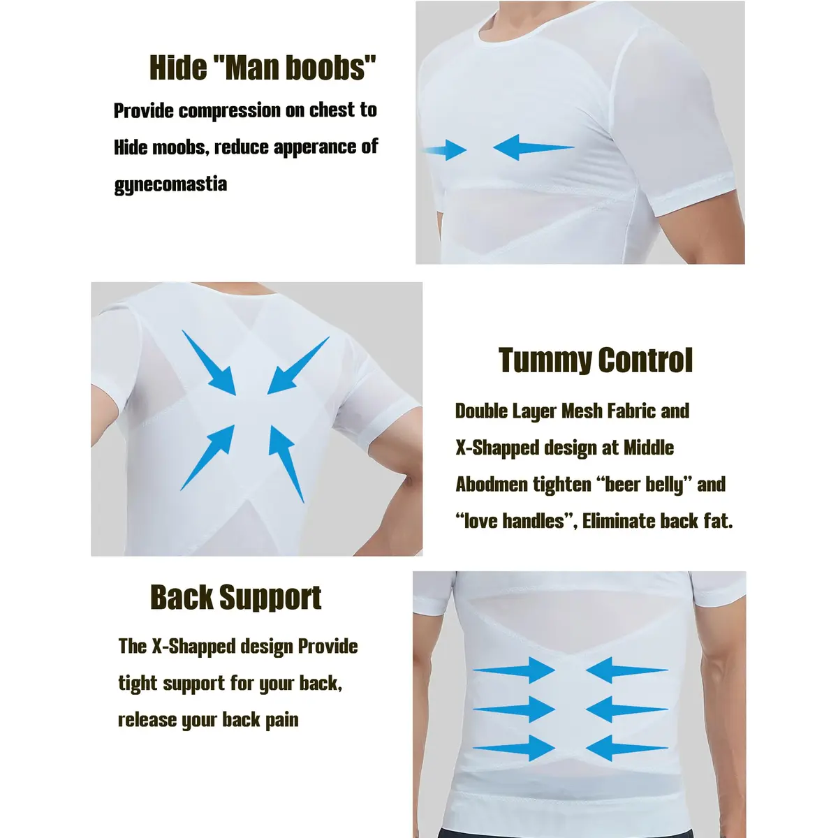 ISUP Mens Gynecomastia Compression Shirt Short Sleeve | Slimming Body Shaper Abdomen Tank White - view 2