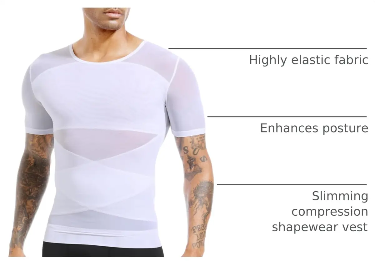 ISUP Mens Gynecomastia Compression Shirt Short Sleeve | Slimming Body Shaper Abdomen Tank White - view 4