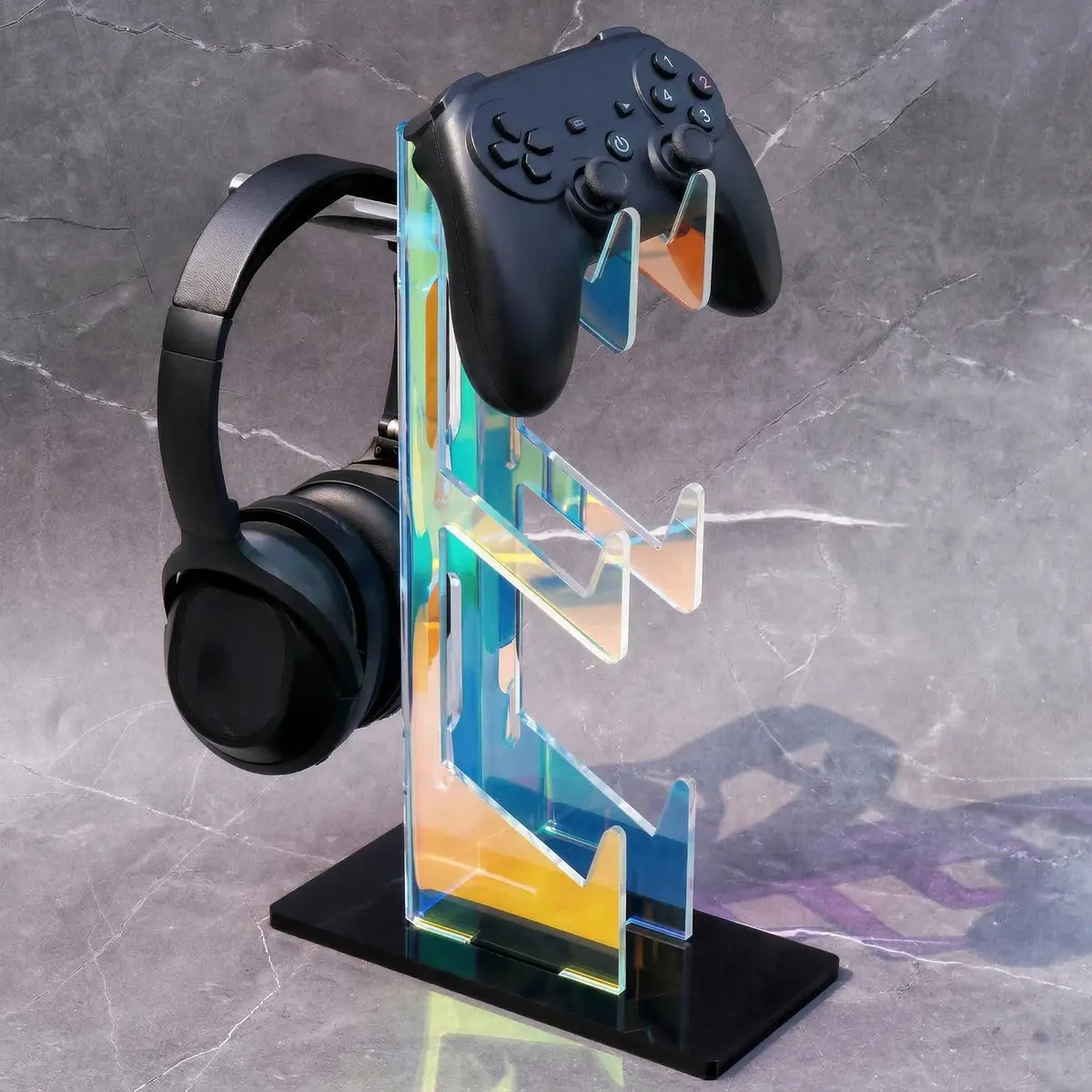 NiHome Controller Holder Headphone Stand 3-Tier Iridescent Acrylic Gaming | Multi-Controller & Headset Organizer - main product image