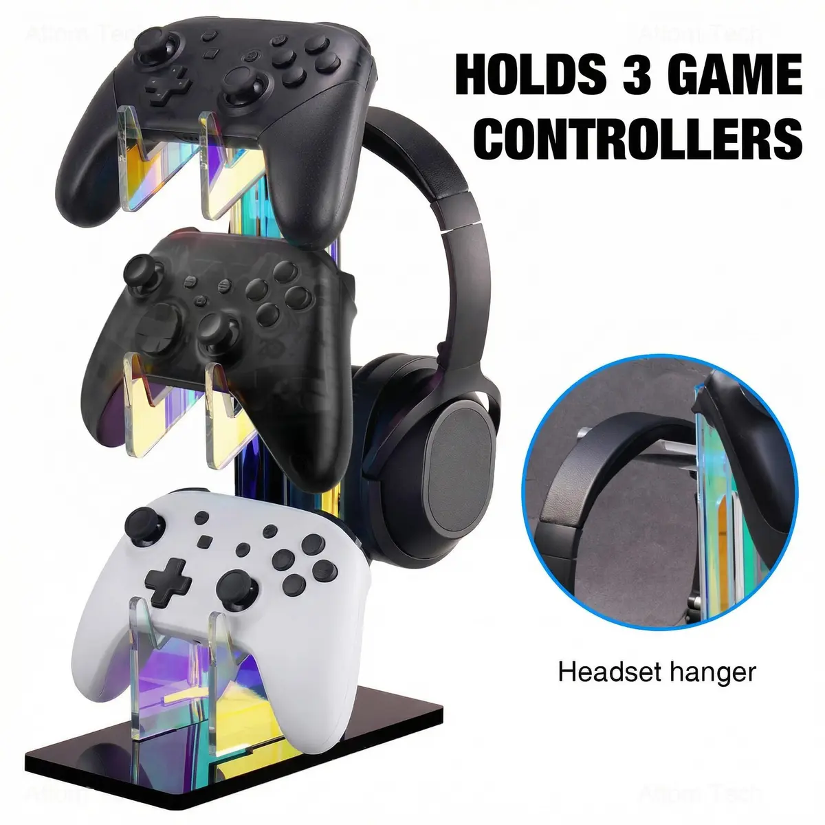 NiHome Controller Holder Headphone Stand 3-Tier Iridescent Acrylic Gaming | Multi-Controller & Headset Organizer - view 5