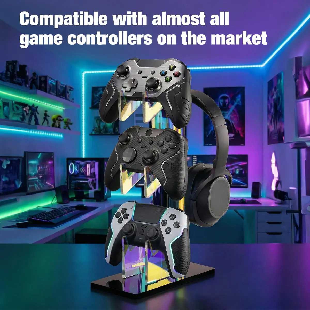 NiHome Controller Holder Headphone Stand 3-Tier Iridescent Acrylic Gaming | Multi-Controller & Headset Organizer - view 7