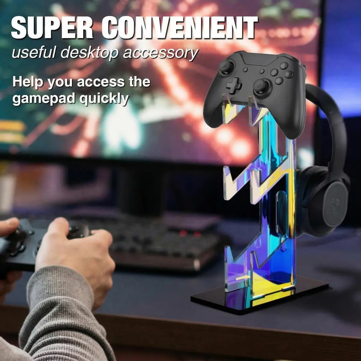 NiHome Controller Holder Headphone Stand 3-Tier Iridescent Acrylic Gaming | Multi-Controller & Headset Organizer - view 3