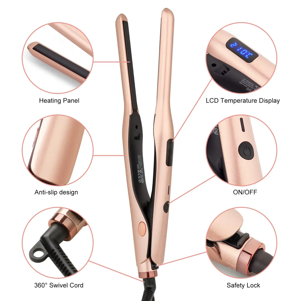 JAETON 3/10" Pencil Flat Iron with 13 Temp Setting Ceramic Small Hair Straightener Rose Gold | Fast Heat Up & Dual Voltage for Short Hair - view 6
