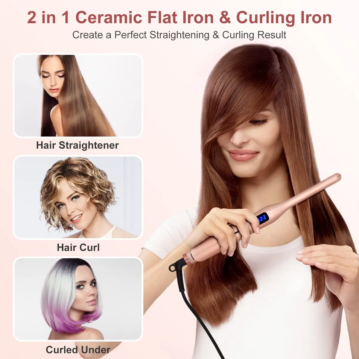 JAETON 3/10" Pencil Flat Iron with 13 Temp Setting Ceramic Small Hair Straightener Rose Gold | Fast Heat Up & Dual Voltage for Short Hair - view 4