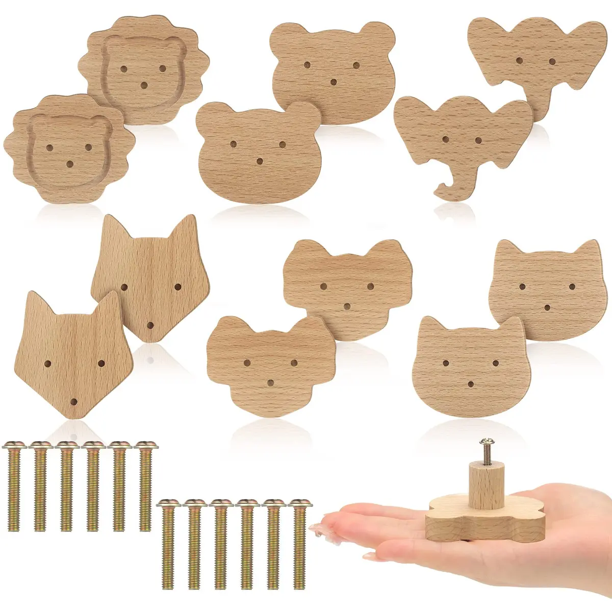 Qunclay Wooden Animal Dresser Knobs 12-Set | Cute Koala, Bear, Lion, Fox, Elephant, Cat Designs - main product image
