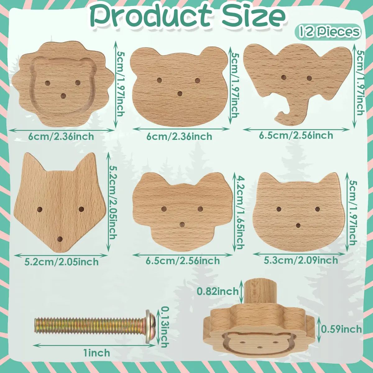 Qunclay Wooden Animal Dresser Knobs 12-Set | Cute Koala, Bear, Lion, Fox, Elephant, Cat Designs - view 2