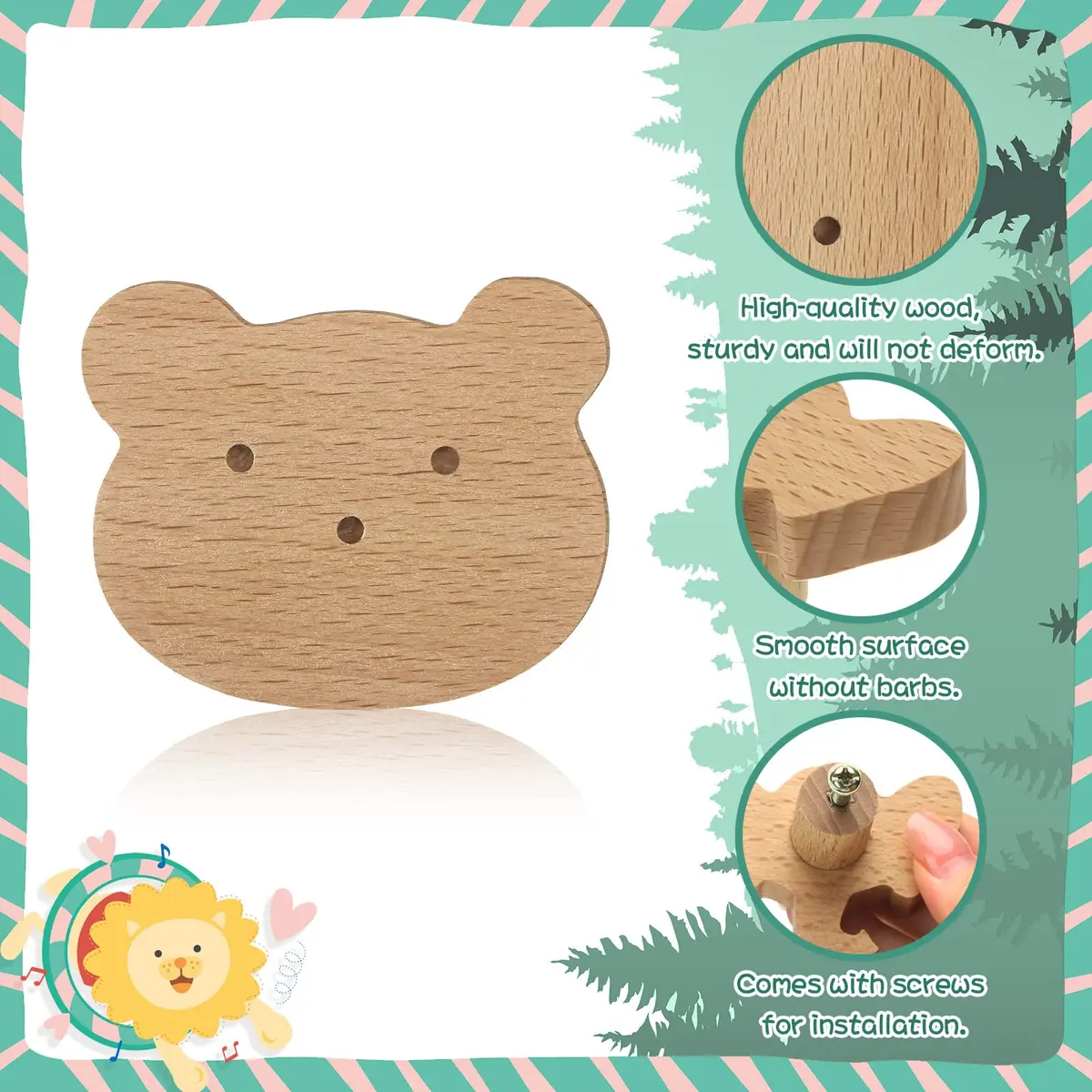 Qunclay Wooden Animal Dresser Knobs 12-Set | Cute Koala, Bear, Lion, Fox, Elephant, Cat Designs - view 3