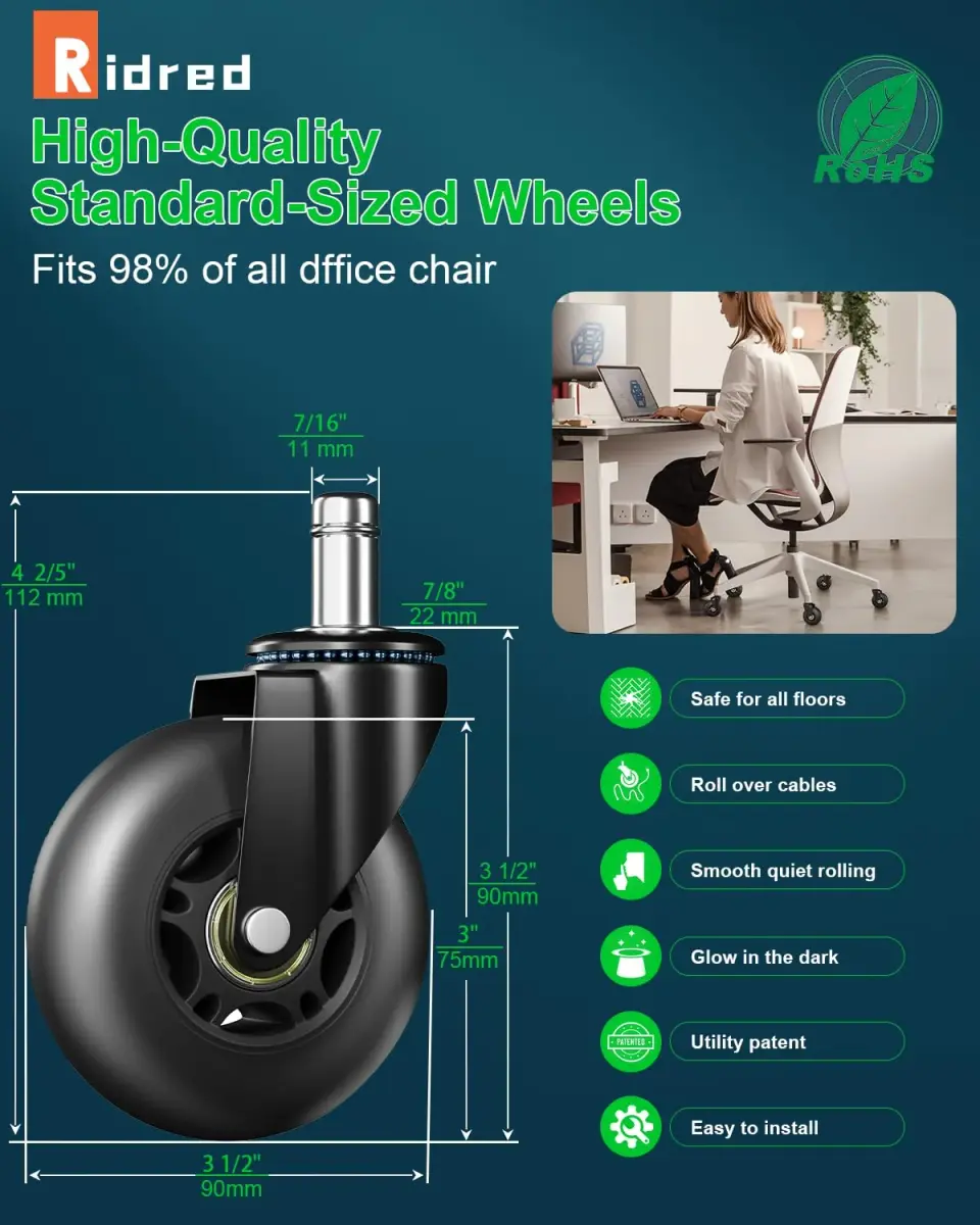 RidRed Heavy Duty Rollerblade Chair Wheels 7.6 cm (3 Inch) | Smooth Rolling, 300 kg Capacity - view 2