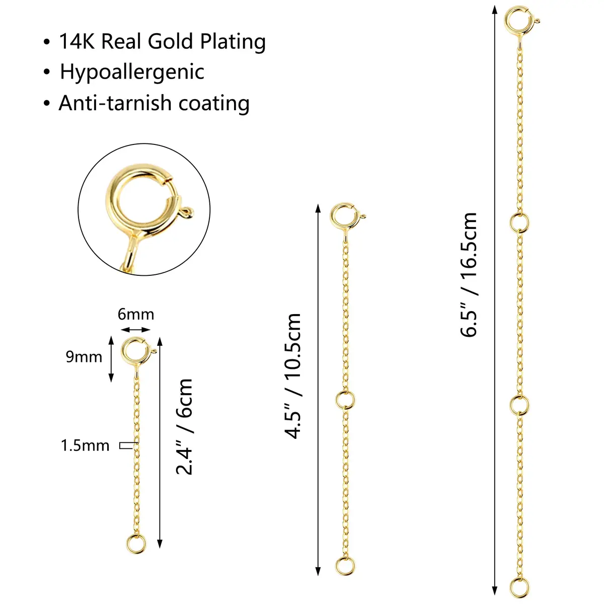 ASH'S CHOICE 14K Gold Plated Brass Necklace Extenders with Lobster Clasp, 3-Piece Set (2, 4, 6 Inches) - view 3
