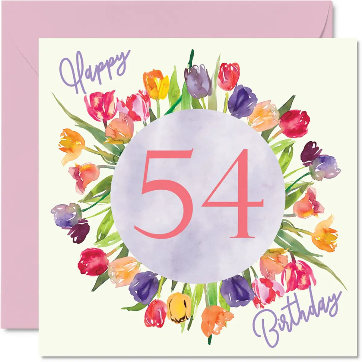 Stuff4 54th Birthday Cards for Women Watercolour Tulips 145mm x 145mm | Watercolour Floral Design for Women - main product image