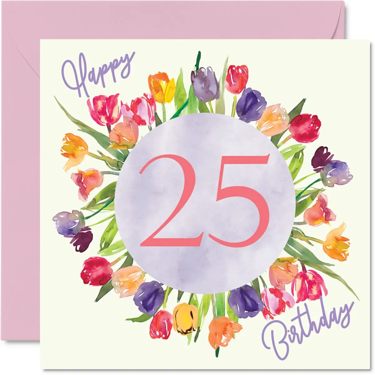 Stuff4 25th Birthday Cards for Women - Watercolour Tulips Bouquet | Happy Birthday for Her, Daughter, Sister, Auntie, 145mm x 145mm - main product image
