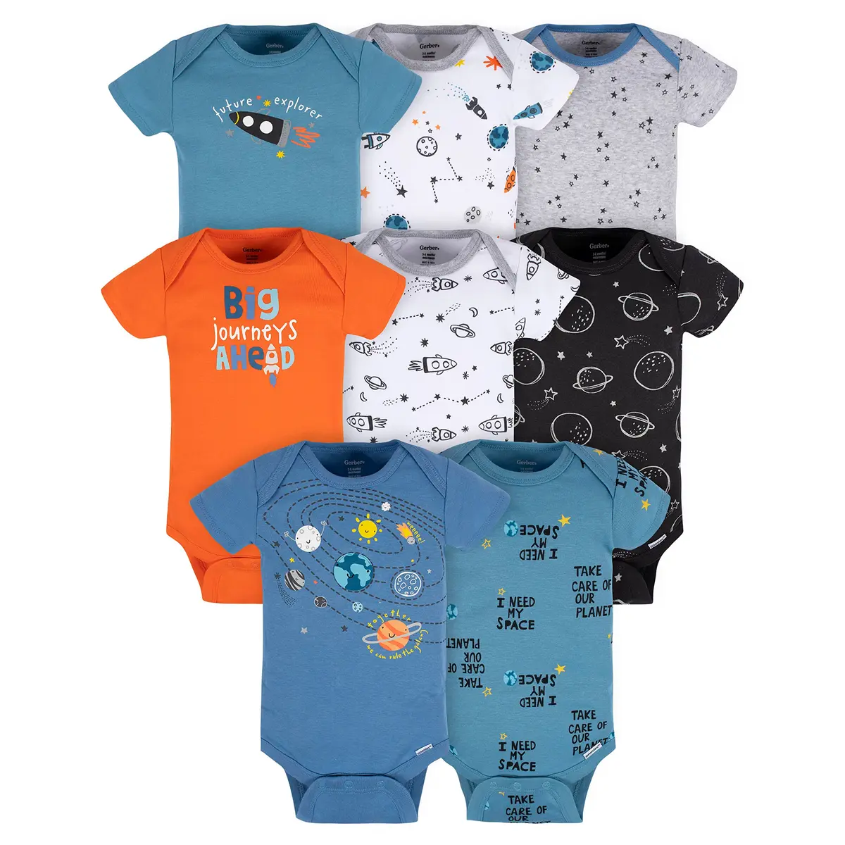 Gerber Baby Boys 8-pack Short Sleeve Onesies Bodysuits, Space, 3-6 Months US - main product image