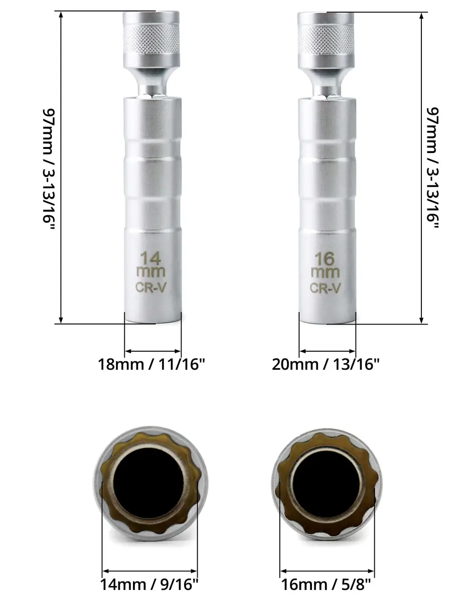 QWORK 14mm & 16mm Magnetic Swivel Spark Plug Socket Set | 3/8" Drive 12 Point Thin Wall Tool - view 6