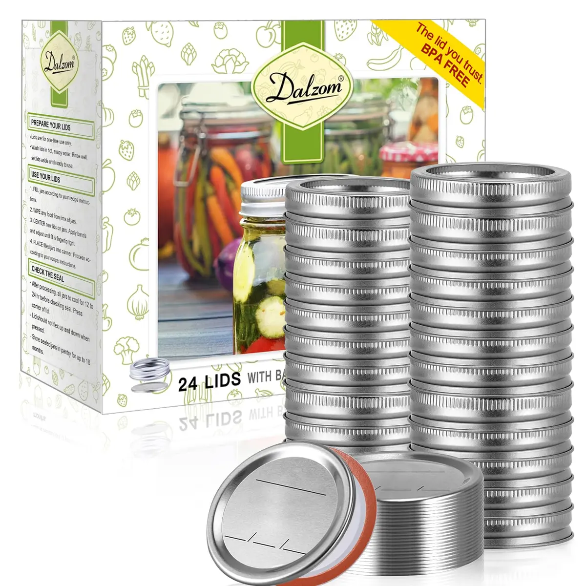 Dalzom Wide Mouth Mason Jar Canning Lids & Rings Set 24Pcs | Airtight Food Grade Material - main product image