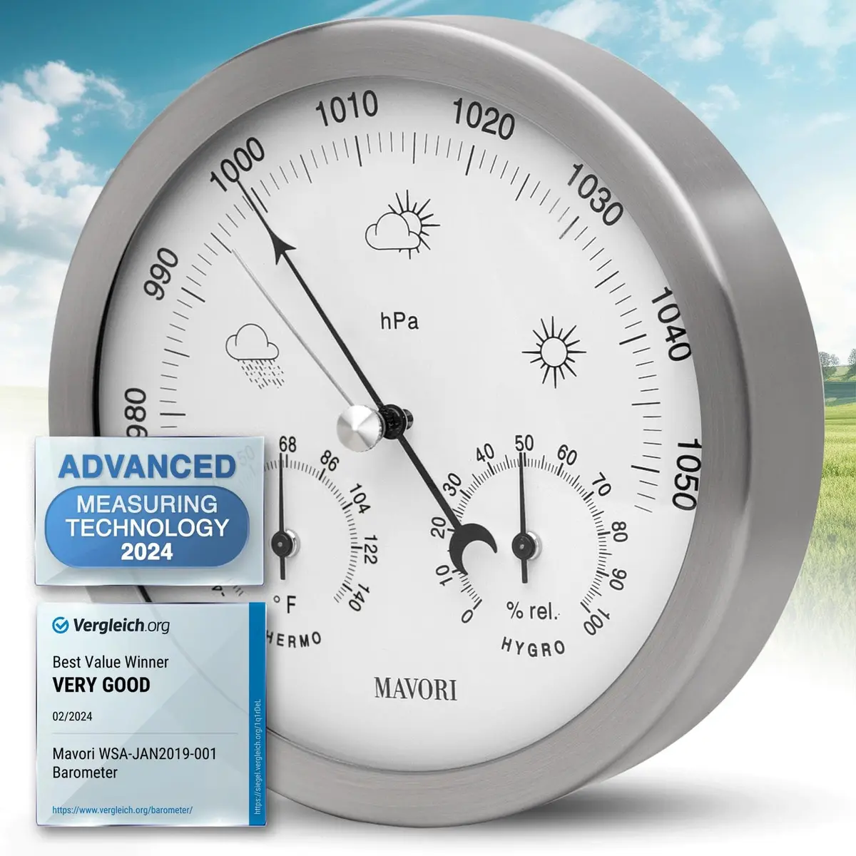 MAVORI® 3in1 Weather Station Analog - Barometer, Hygrometer & Thermometer for Indoor - Ø 13,5cm Stainless Steel Frame with Acrylic Glass - Great Barometers for Home - Barometric Pressure Gauge - main product image