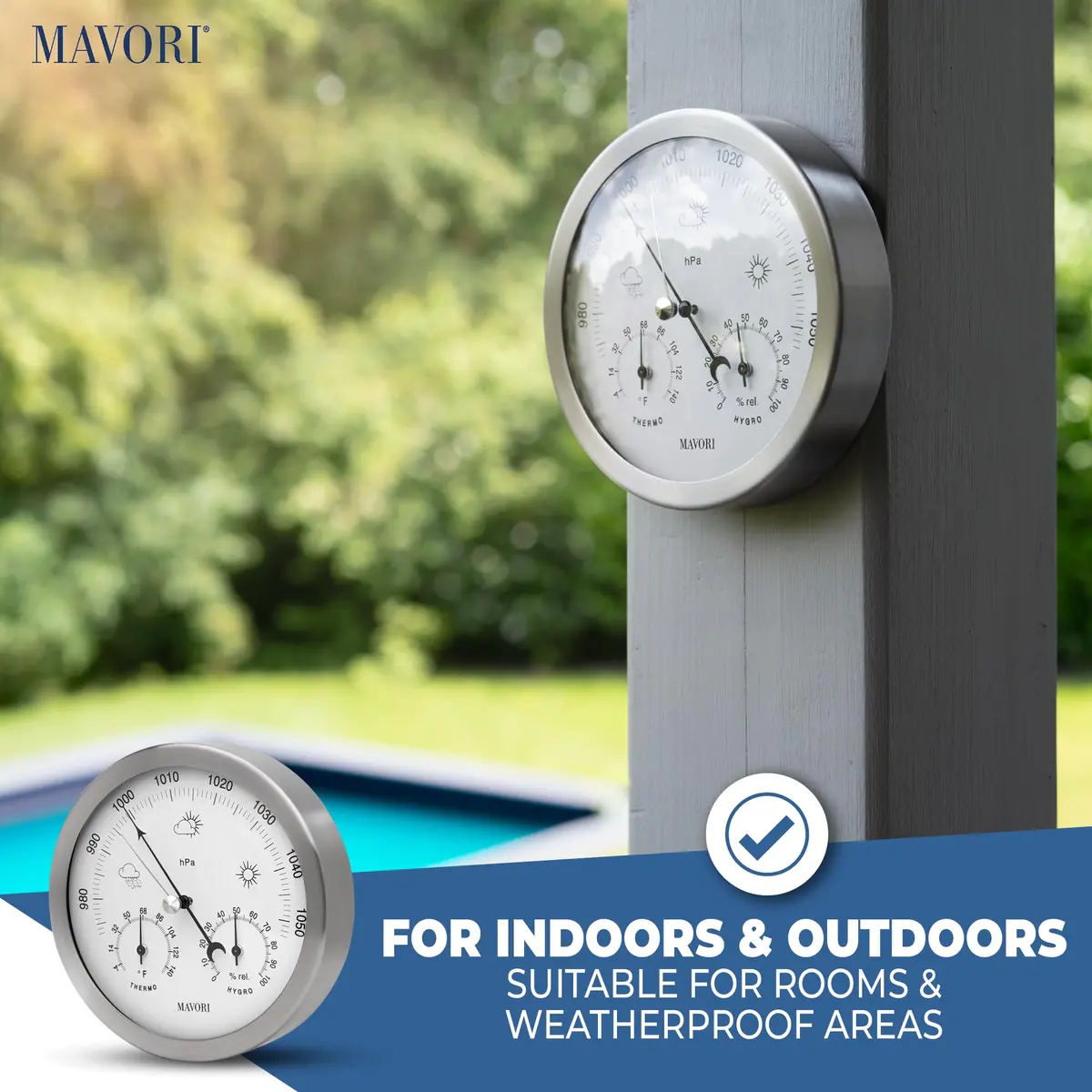 MAVORI® 3in1 Weather Station Analog - Barometer, Hygrometer & Thermometer for Indoor - Ø 13,5cm Stainless Steel Frame with Acrylic Glass - Great Barometers for Home - Barometric Pressure Gauge - view 6