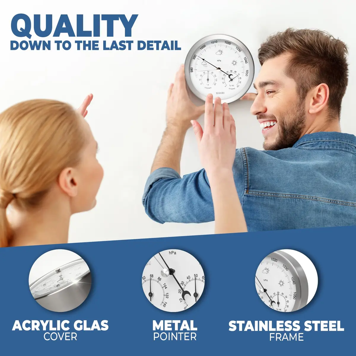 MAVORI® 3in1 Weather Station Analog - Barometer, Hygrometer & Thermometer for Indoor - Ø 13,5cm Stainless Steel Frame with Acrylic Glass - Great Barometers for Home - Barometric Pressure Gauge - view 4