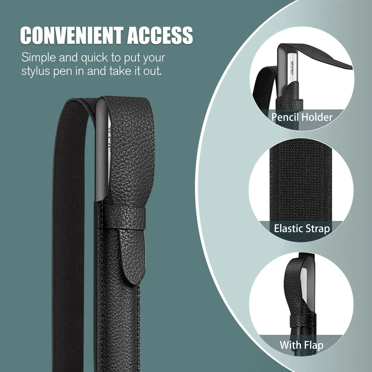 Fintie Black Stylus Pen Holder Pouch with Elastic Band & Flap Cover | Designed for reMarkable 2, BOOX, Scribe Pens (17 cm x 5.3 cm) - view 2
