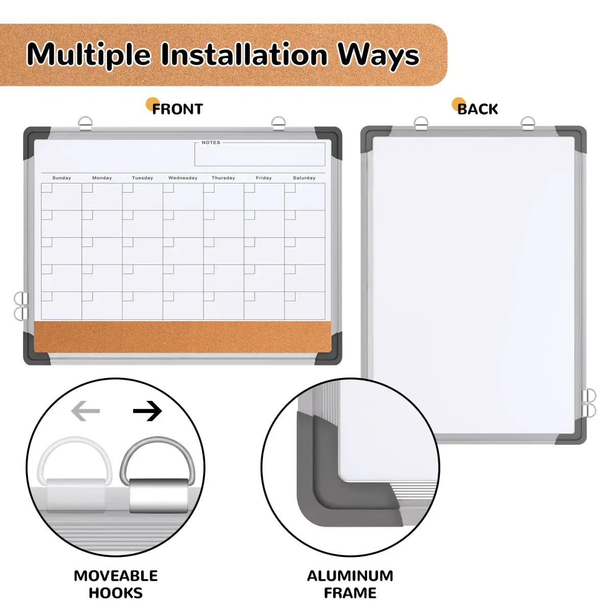 ABERLLS Monthly Calendar Whiteboard with Cork Board 17"x13" | Magnetic Dry Erase Board for Office, Home, Planning - view 2