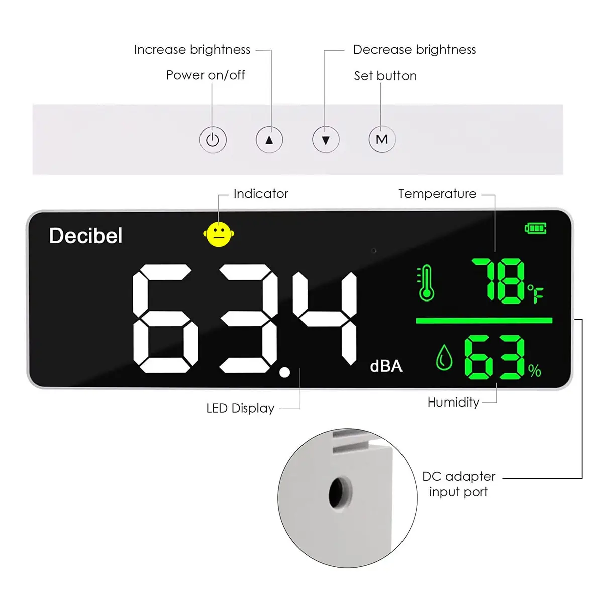 DANOPLUS 11-inch LED Decibel Meter with Temperature & Humidity, 30-130dB Range | Industrial Noise Measurement Tool - view 6