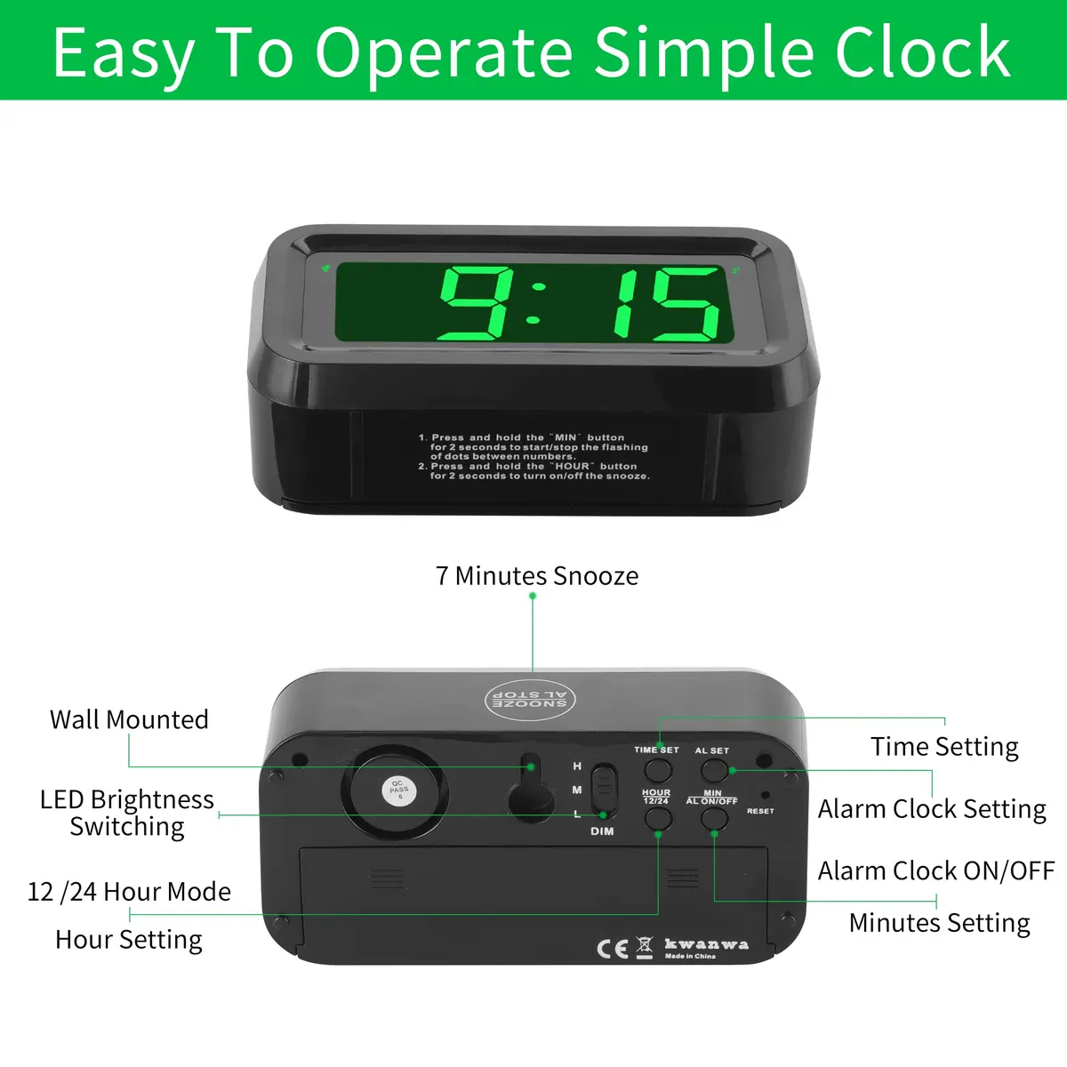KWANWA KW618 Small Digital Alarm Clock Green LED 1.2 Inch | Battery Operated Portable Desk Clock - view 5