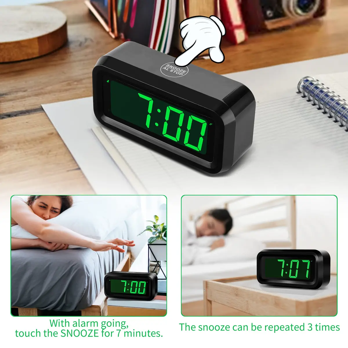 KWANWA KW618 Small Digital Alarm Clock Green LED 1.2 Inch | Battery Operated Portable Desk Clock - view 6