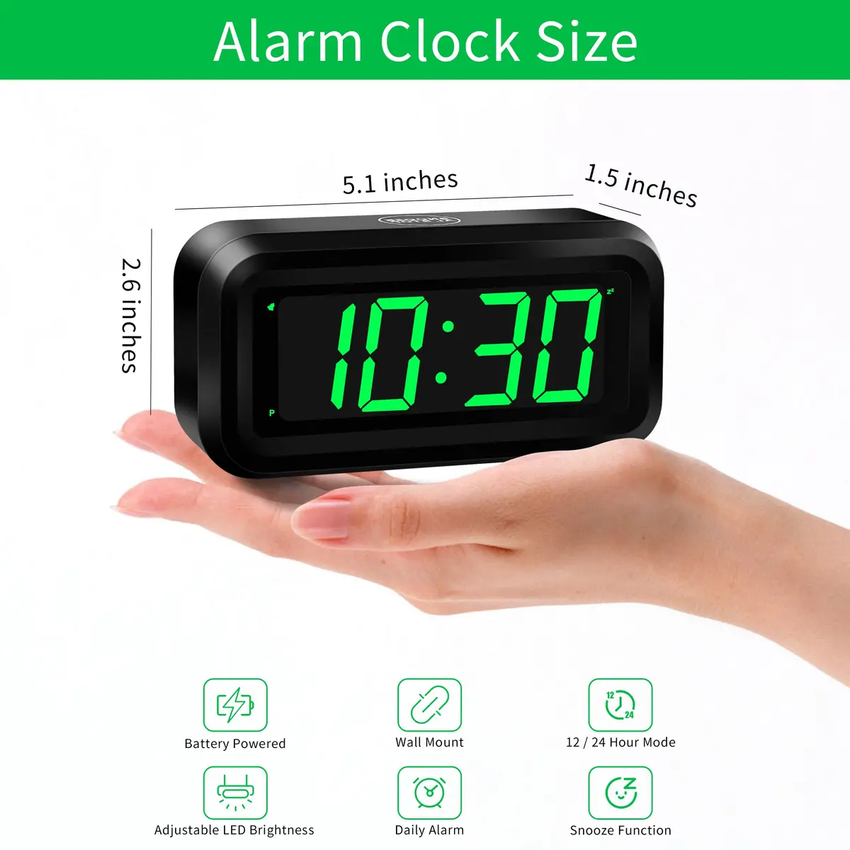 KWANWA KW618 Small Digital Alarm Clock Green LED 1.2 Inch | Battery Operated Portable Desk Clock - view 2
