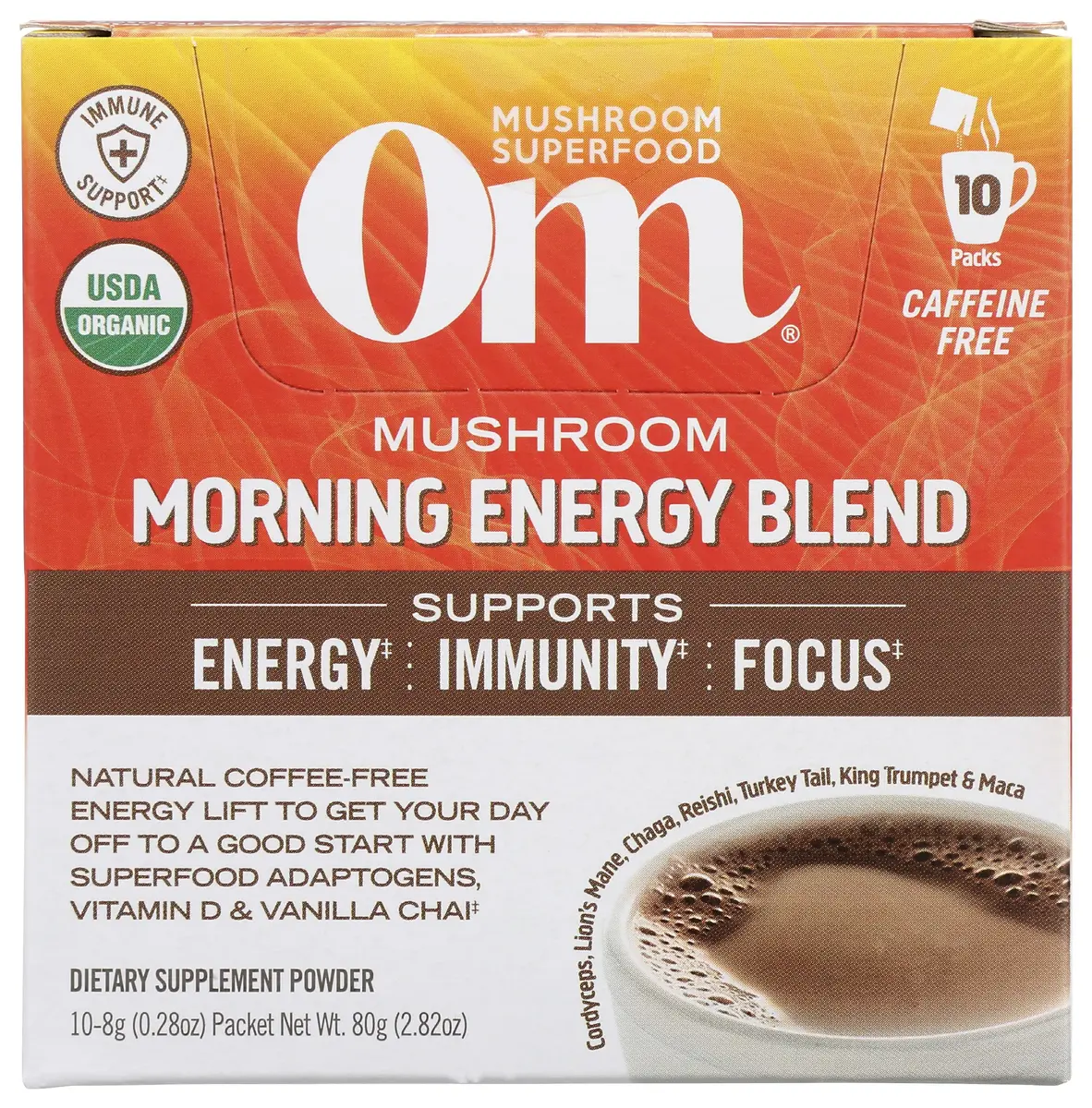 OM MUSHROOM SUPERFOOD Morning Energy Blend Mushroom Powder Drink, 10 Count, 80g | Coffee-Free Energy with Cordyceps & Lion's Mane - main product image