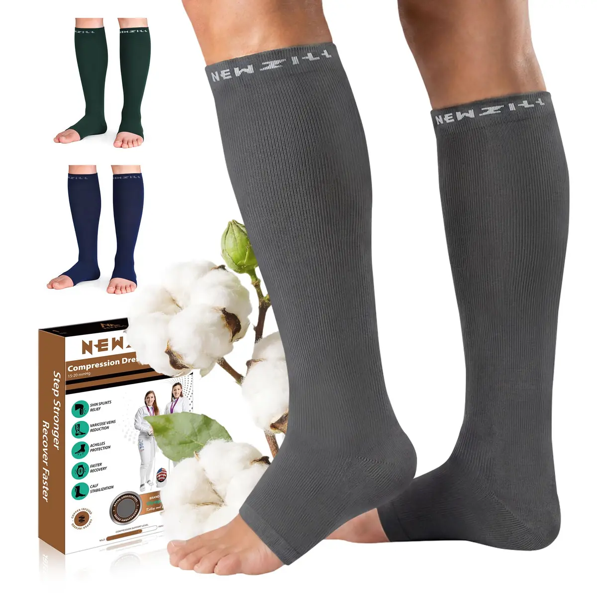 NEWZILL Open Toe Compression Socks for Women & Men | 20-30 mmHg Knee High Support, Gray - main product image