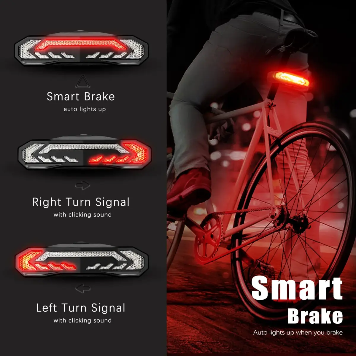 WSDCAM Smart Bike Tail Light with Turn Signals & Brake Light, USB C Rechargeable 160 Lumens | Anti-theft Alarm & Horn - view 3