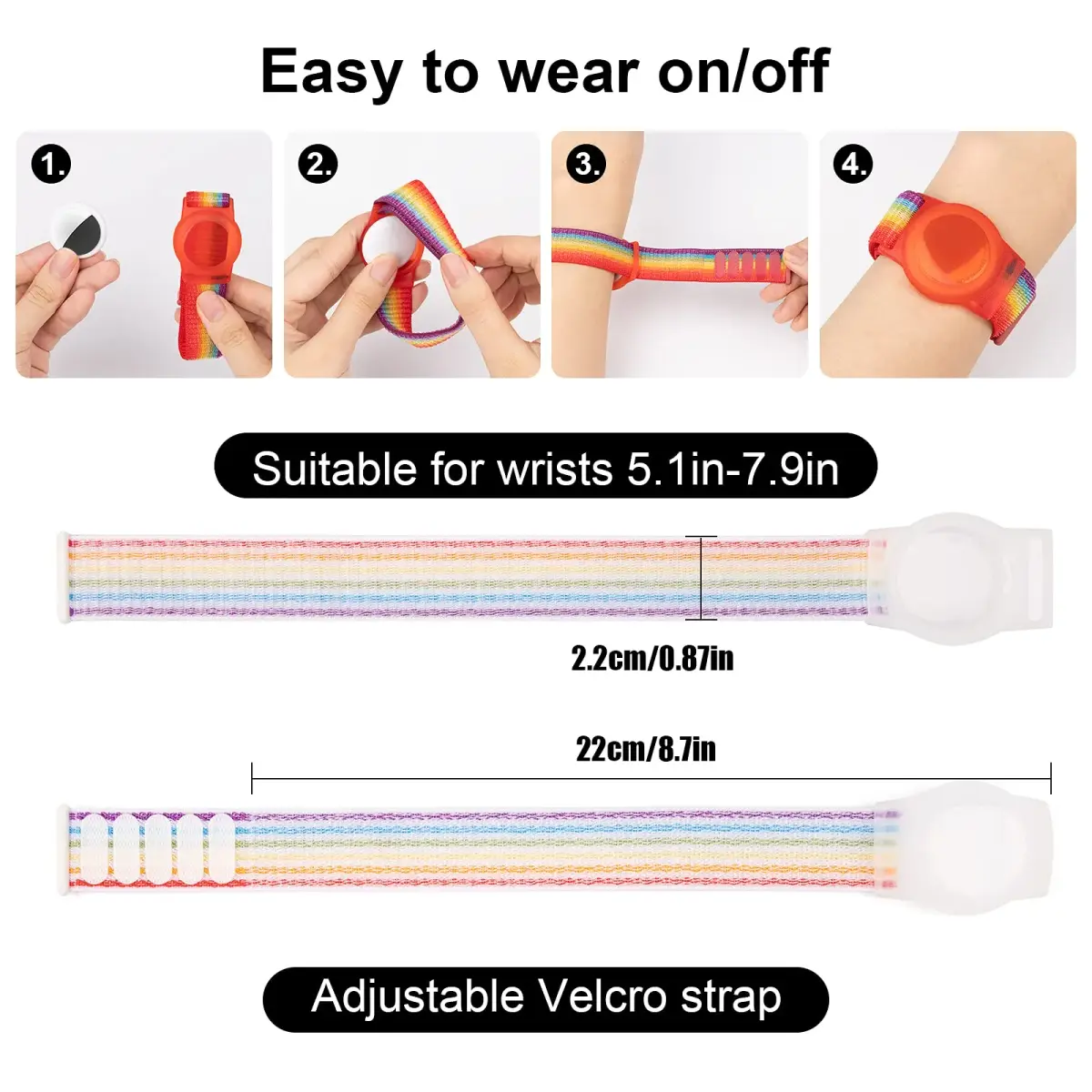 Qonuiy Rainbow Kids AirTag Wristband with Protective Case | Adjustable Nylon Bracelet for Toddlers & Children - view 2