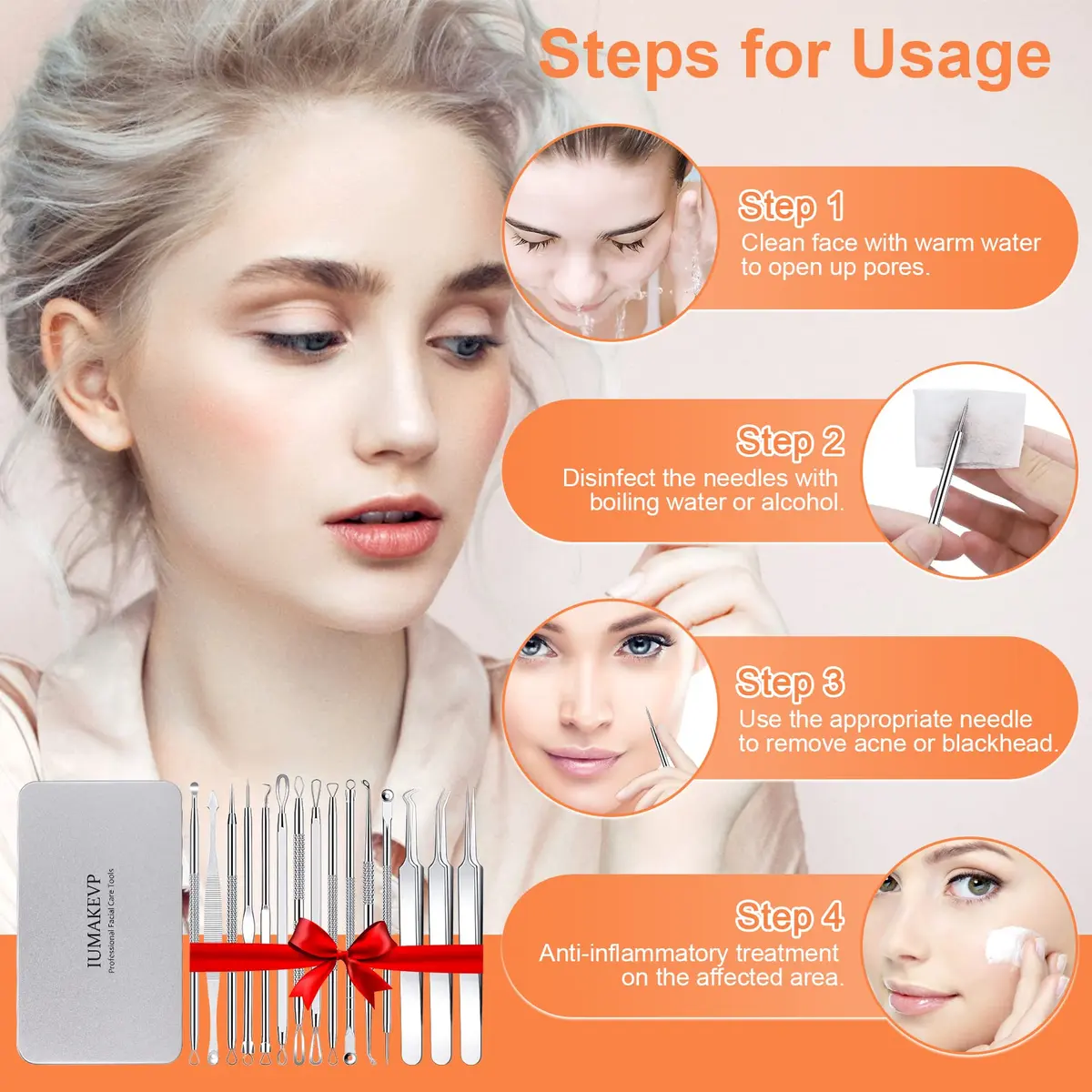 IUMAKEVP Black 15 PCS Skin Blemish Removal Tool Kit | Professional Stainless Steel Acne & Pimple Extractor (Silver) - view 6