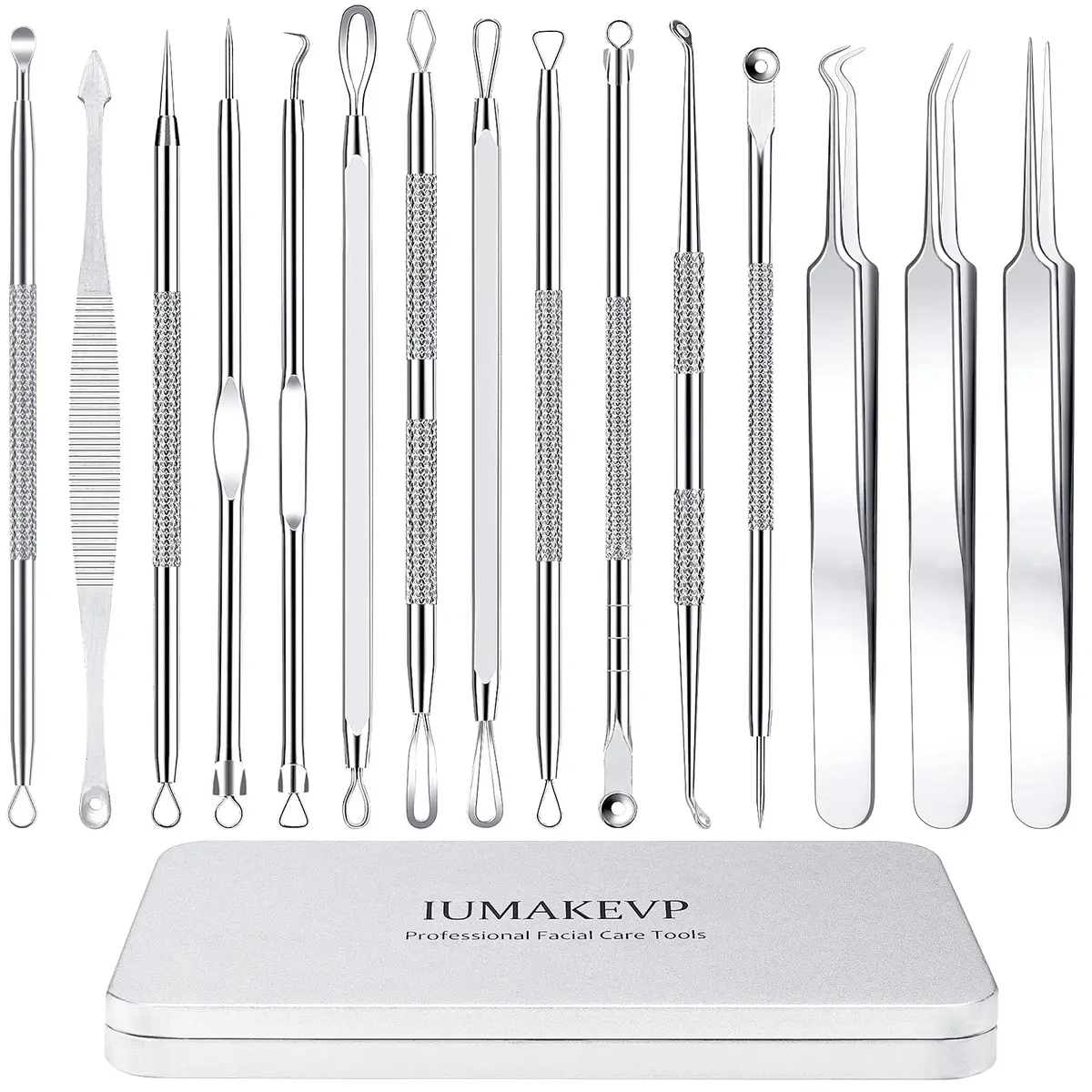IUMAKEVP Black 15 PCS Skin Blemish Removal Tool Kit | Professional Stainless Steel Acne & Pimple Extractor (Silver) - main product image