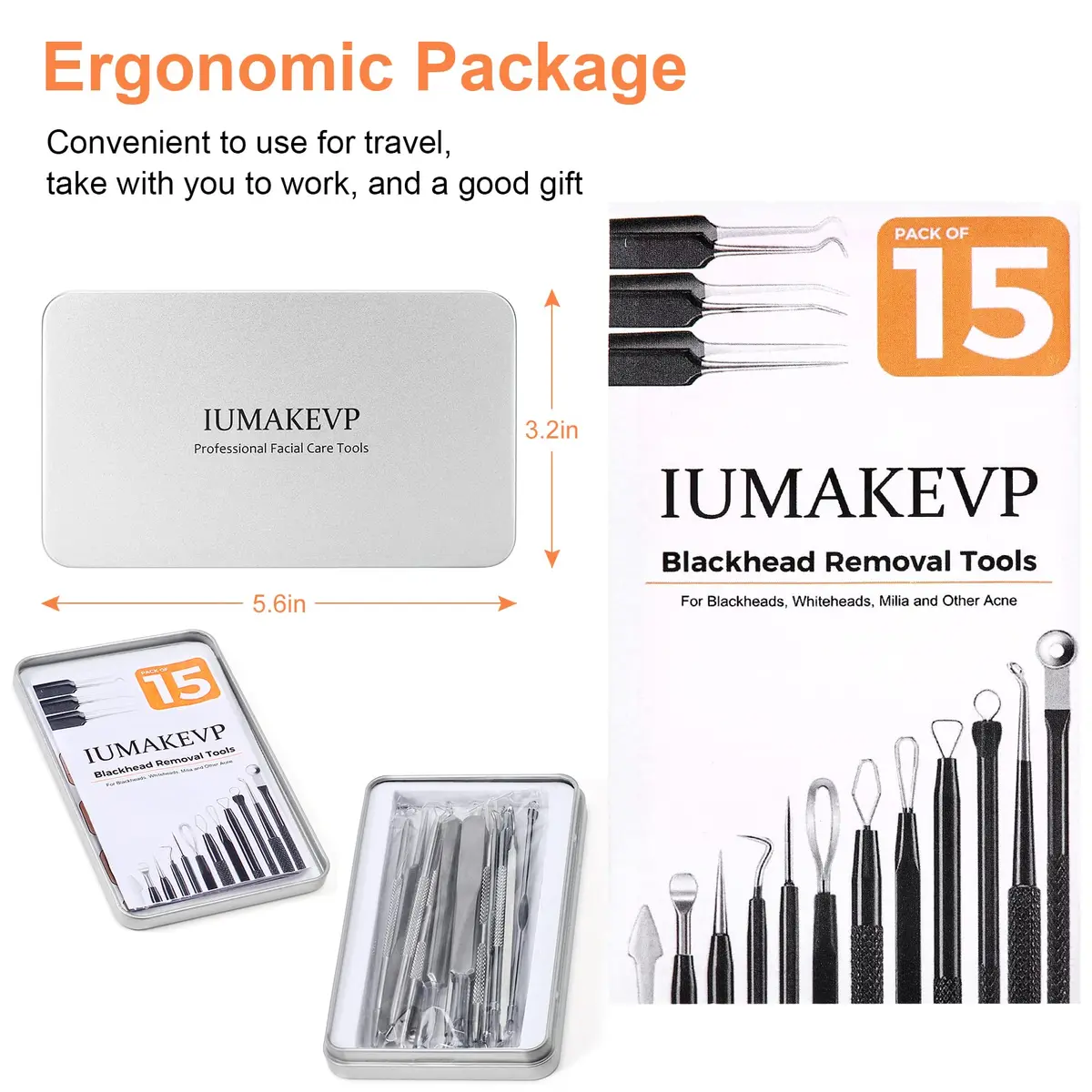 IUMAKEVP Black 15 PCS Skin Blemish Removal Tool Kit | Professional Stainless Steel Acne & Pimple Extractor (Silver) - view 7