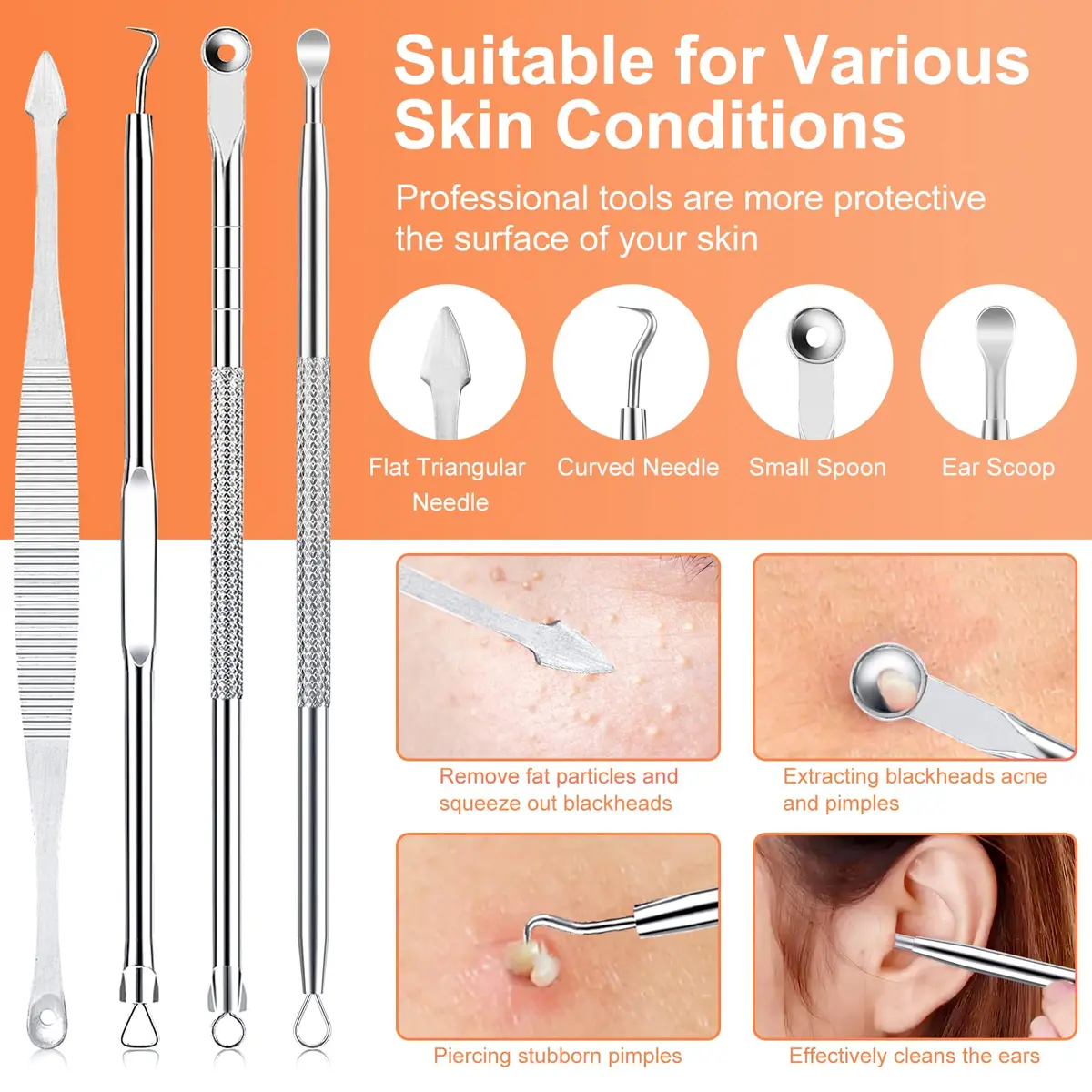 IUMAKEVP Black 15 PCS Skin Blemish Removal Tool Kit | Professional Stainless Steel Acne & Pimple Extractor (Silver) - view 3