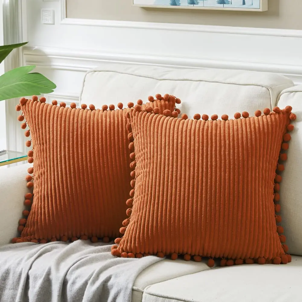 Fancy Homi Rust Fall Decorative Throw Pillow Covers 18x18 Inch (45x45 cm) | Pack of 2 Boho Corduroy Cushion Cases with Pom-poms - main product image