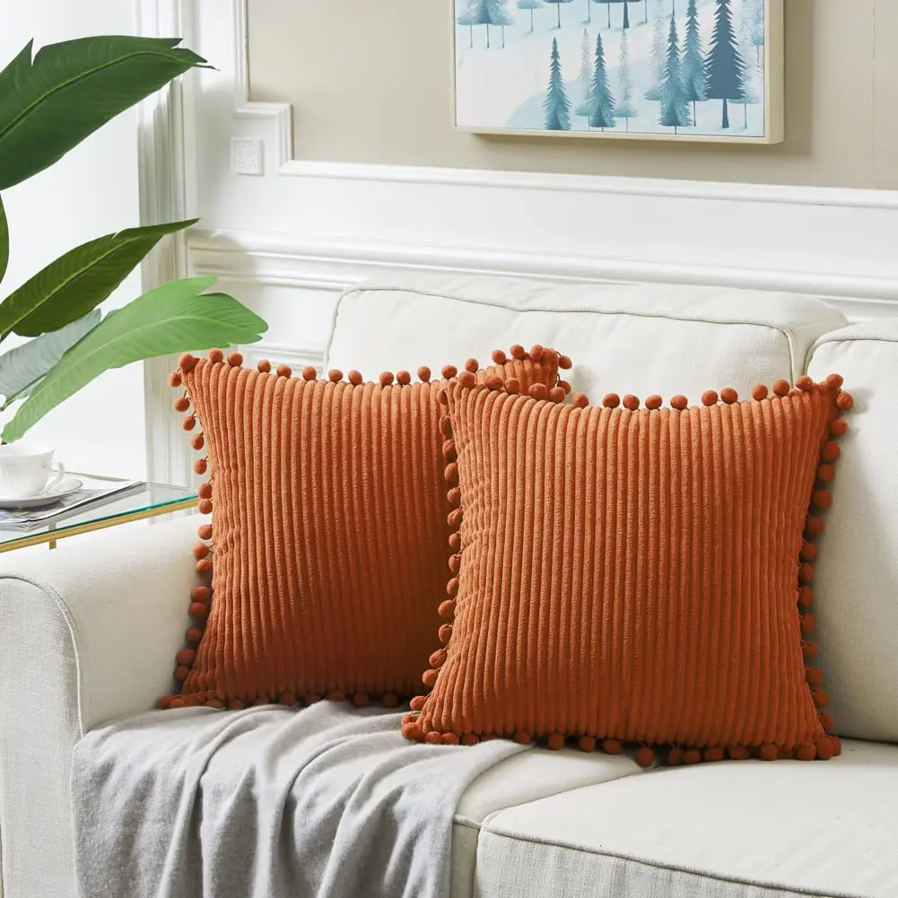 Fancy Homi Rust Fall Decorative Throw Pillow Covers 18x18 Inch (45x45 cm) | Pack of 2 Boho Corduroy Cushion Cases with Pom-poms - view 6