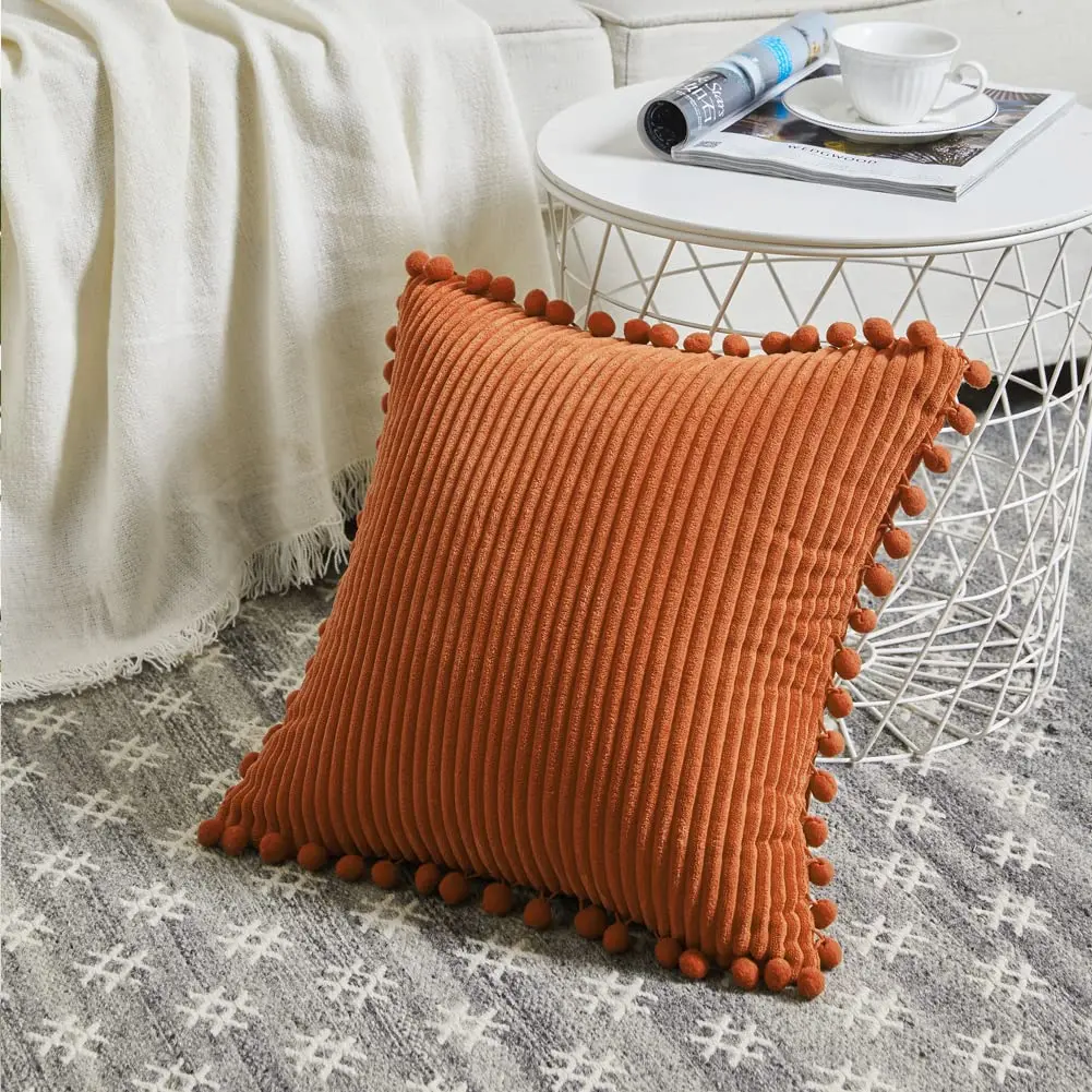 Fancy Homi Rust Fall Decorative Throw Pillow Covers 18x18 Inch (45x45 cm) | Pack of 2 Boho Corduroy Cushion Cases with Pom-poms - view 2