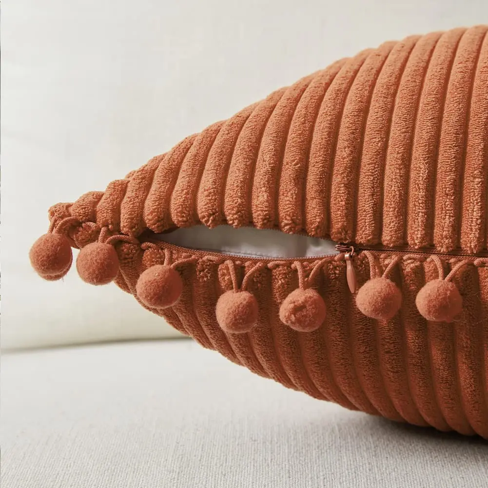 Fancy Homi Rust Fall Decorative Throw Pillow Covers 18x18 Inch (45x45 cm) | Pack of 2 Boho Corduroy Cushion Cases with Pom-poms - view 3