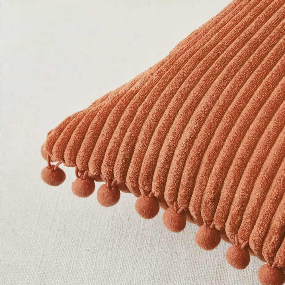 Fancy Homi Rust Fall Decorative Throw Pillow Covers 18x18 Inch (45x45 cm) | Pack of 2 Boho Corduroy Cushion Cases with Pom-poms - view 4