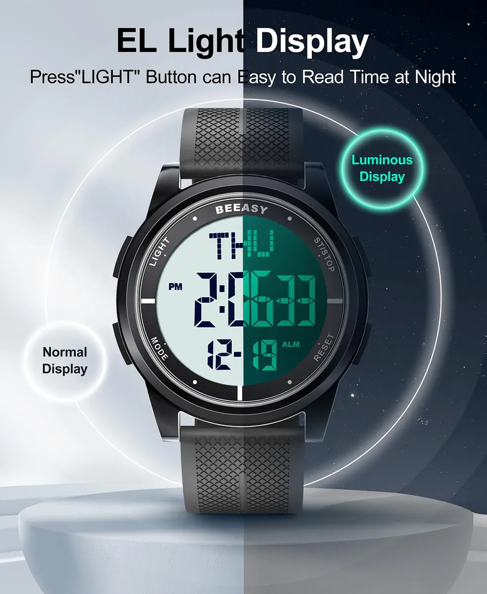 Beeasy Digital Watch for Men Women | 50M Waterproof, Ultra-Thin & Lightweight, 44mm Silicone Sports Watch with Alarm, Stopwatch, Countdown - view 5