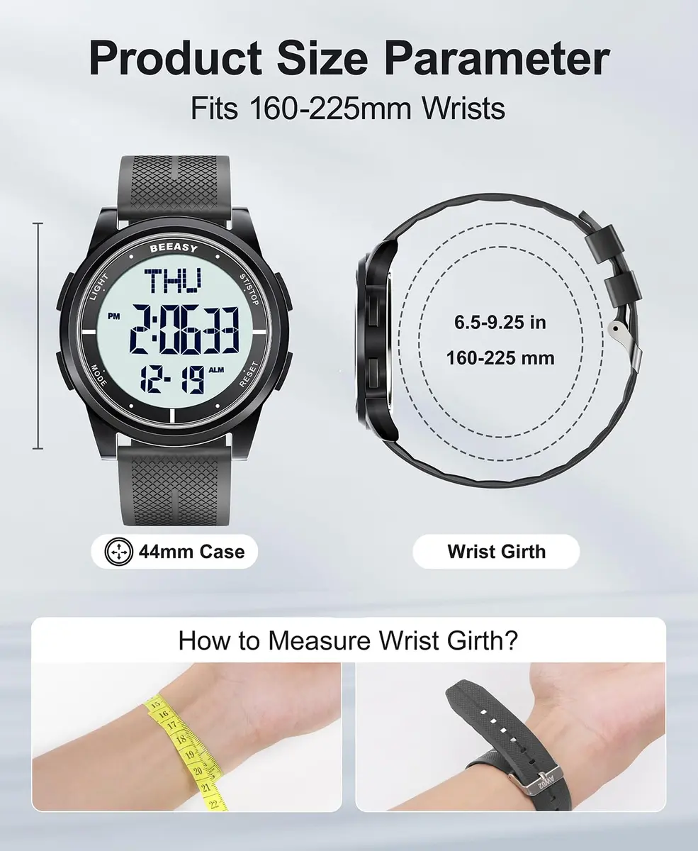 Beeasy Digital Watch for Men Women | 50M Waterproof, Ultra-Thin & Lightweight, 44mm Silicone Sports Watch with Alarm, Stopwatch, Countdown - view 6